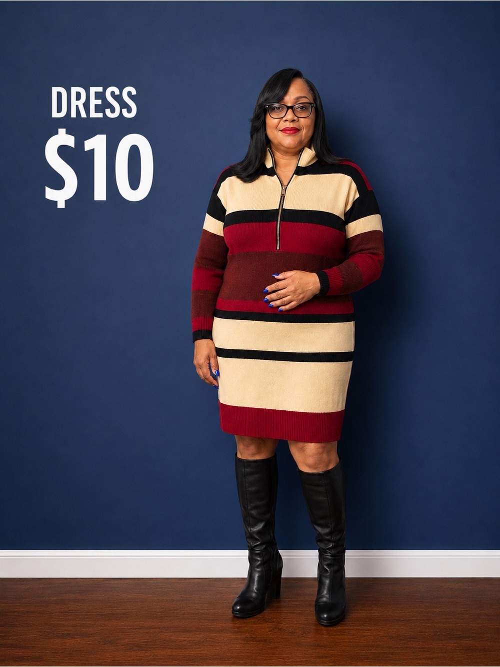Striped Half-Zip Sweater Dress in Red, Cream & Black